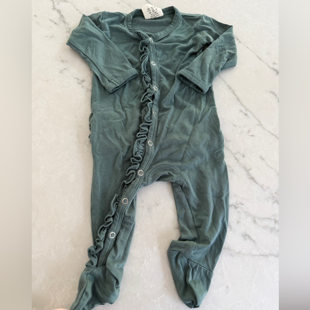 Spearmint Love Ruffle-Trim Footed One-Piece in Teal Green